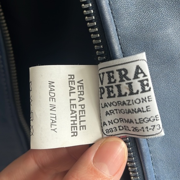 Italian Womans Blue Leather‎ Zip Up Jacket Made by CURGÈ size LG EU 46 NWT W7 - Picture 6 of 8